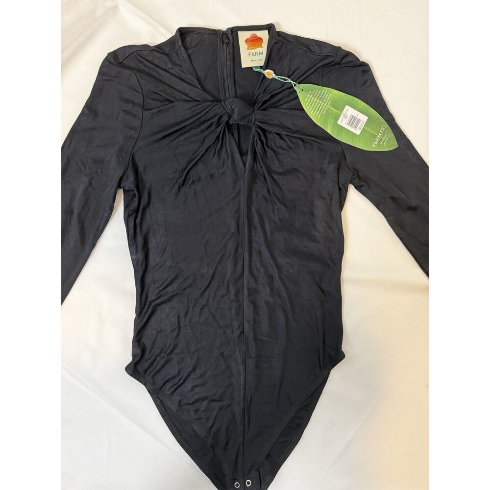 Farm Rio Black Long Sleeve Knot Front Bodysuit Size S NWT